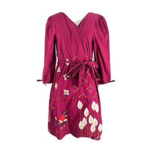 Anthropologie Lilka Embroidered Applique Wrap Dress Birds Flowers Sz M/L Folk Ar